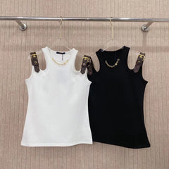 Belt-embellished off-the-shoulder tank top