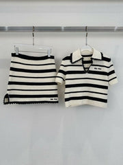 Popular classic striped V-neck short-sleeved skirt suit