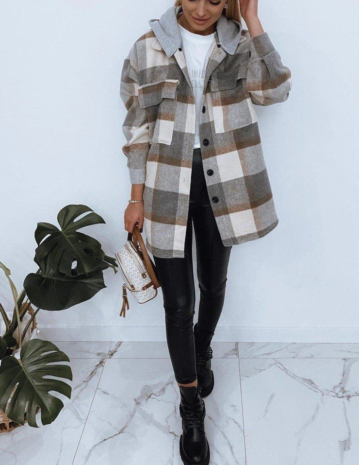 Everyday Front Pocket Plaid Hoodie Cardigan Jacket