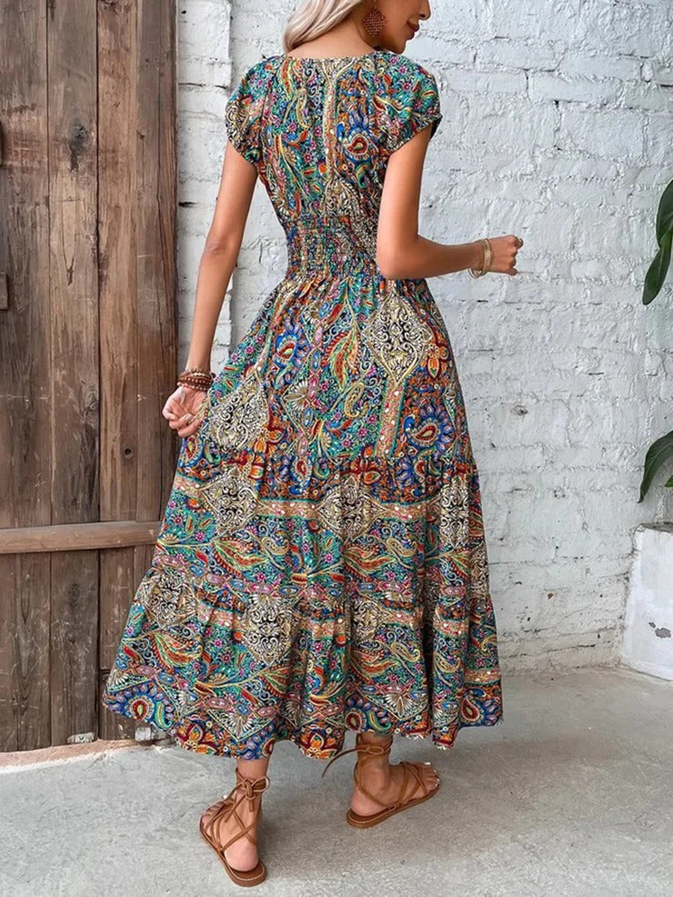 Colorful Paisley Shirred Waist Long Summer Dress