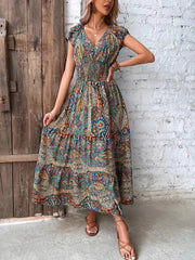 Colorful Paisley Shirred Waist Long Summer Dress