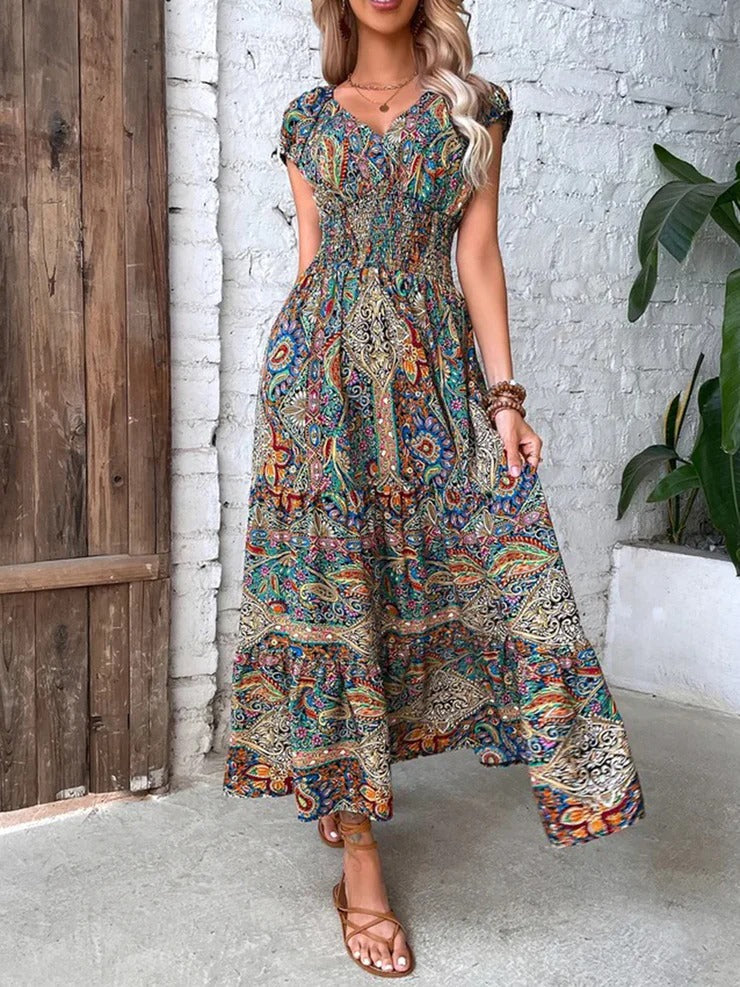 Colorful Paisley Shirred Waist Long Summer Dress