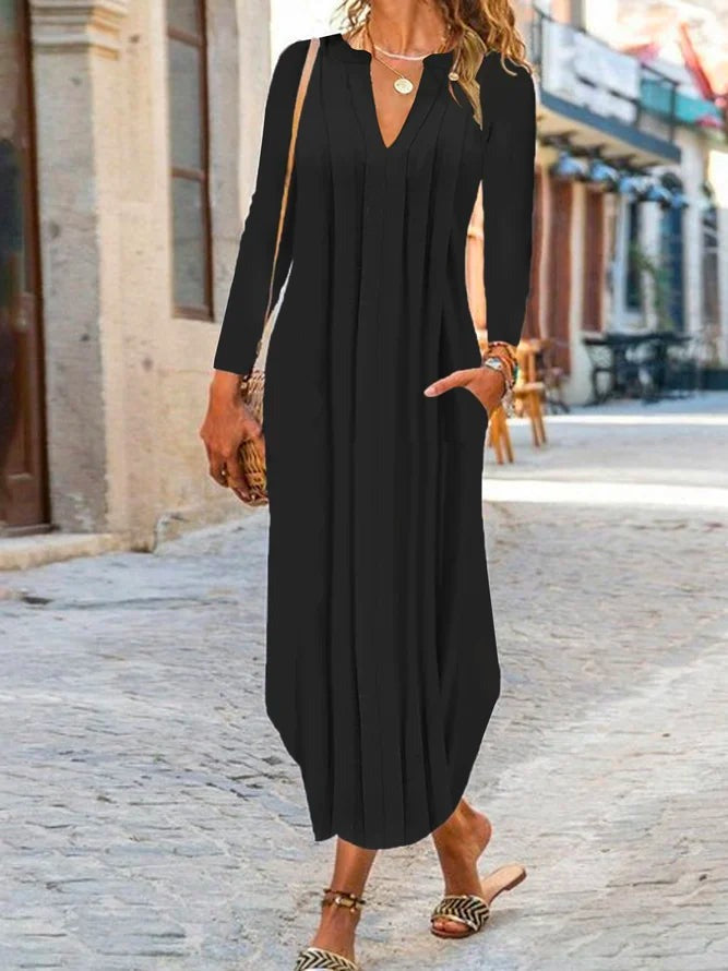 Black Long Sleeve Plain Midi Dress