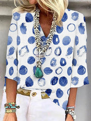 Abstract Blue Dot White V-Neck Tunic Top